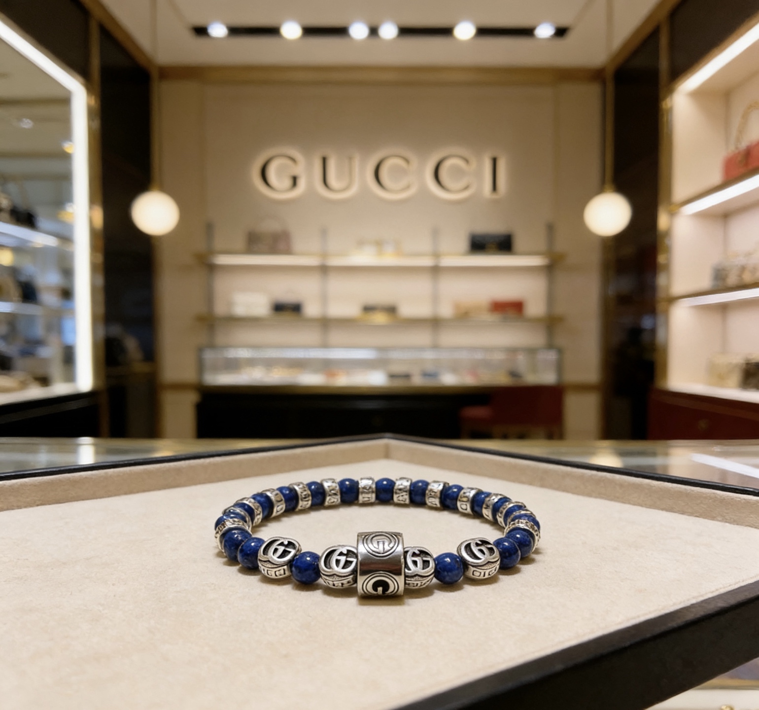 Gucci 𝐆𝐮𝐜𝐜𝐢古驰手链 最新款天然青金石手链档次更高 Anger Forest系列双G天然青金石水晶手链