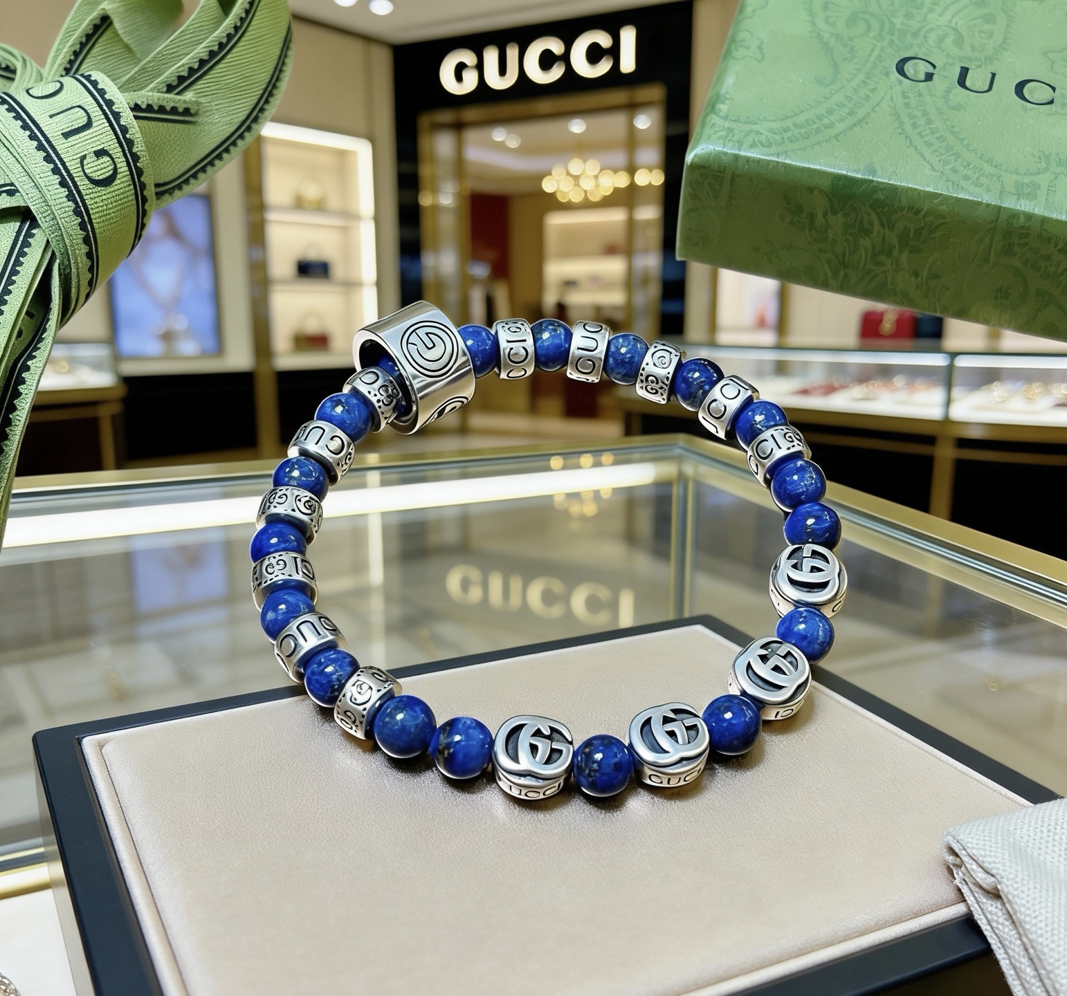 Gucci 𝐆𝐮𝐜𝐜𝐢古驰手链 最新款天然青金石手链档次更高 Anger Forest系列双G天然青金石水晶手链
