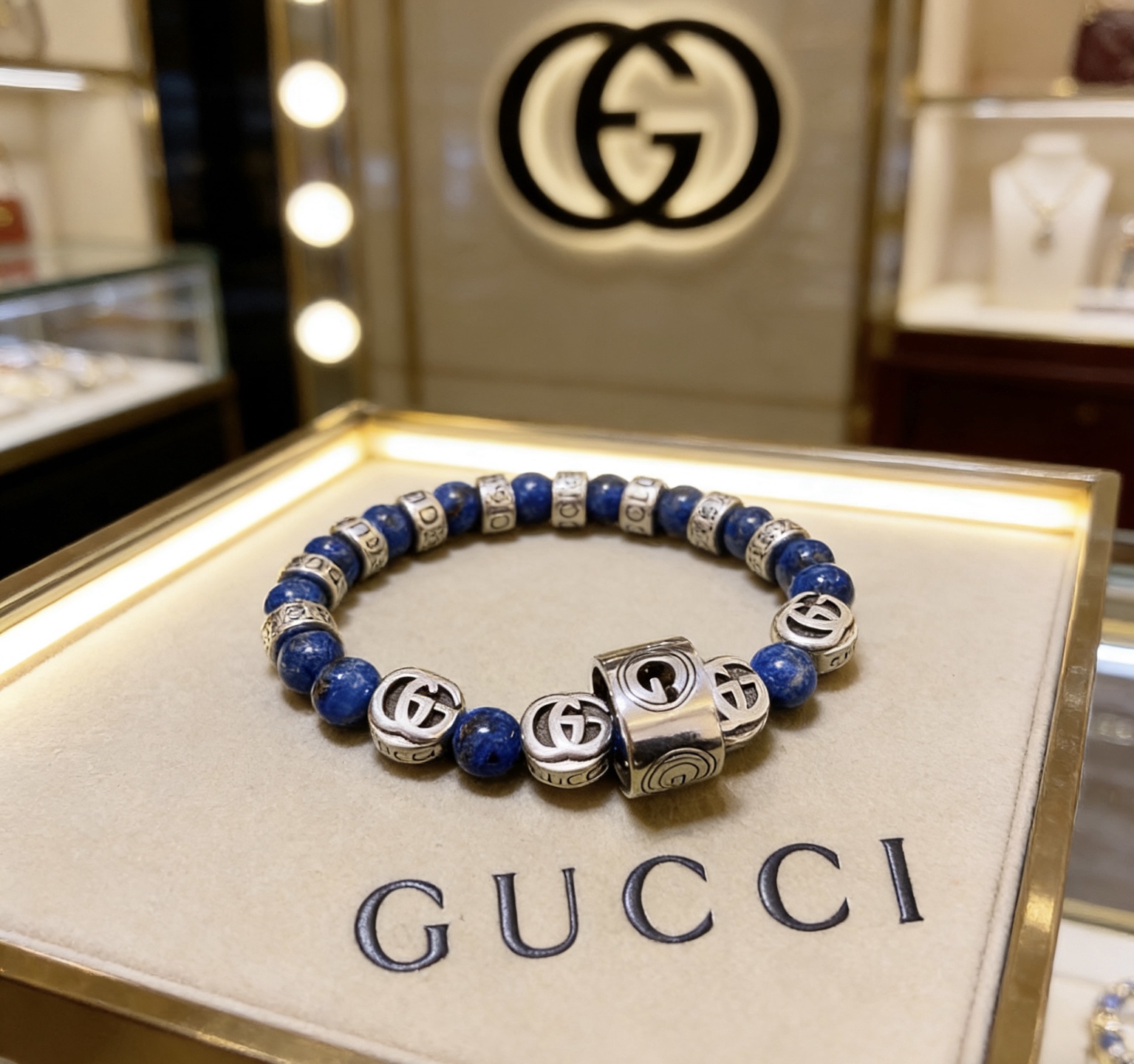 Gucci 𝐆𝐮𝐜𝐜𝐢古驰手链 最新款天然青金石手链档次更高 Anger Forest系列双G天然青金石水晶手链