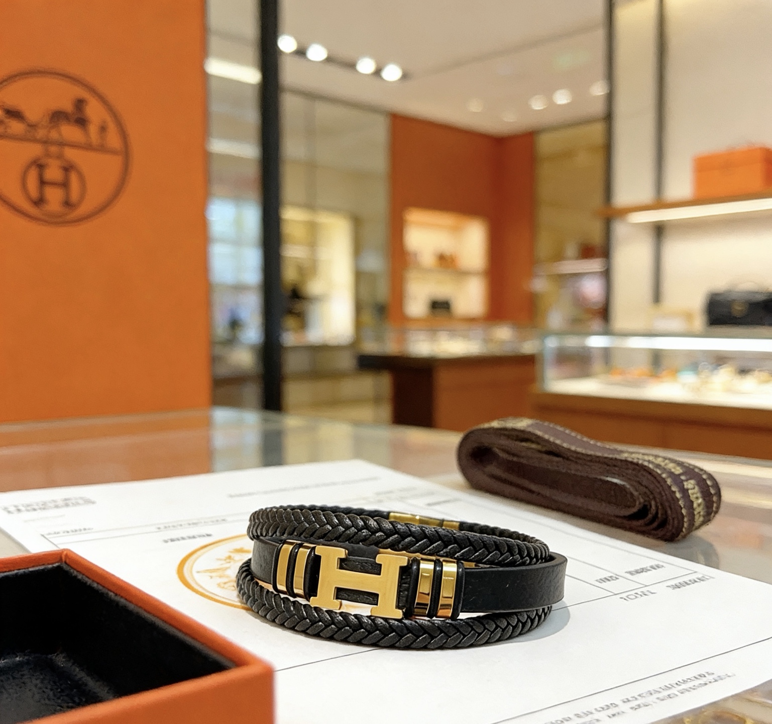 Hermes New Anger Forest bracelet Black braided leather with gold-tone metal hardware 19cm