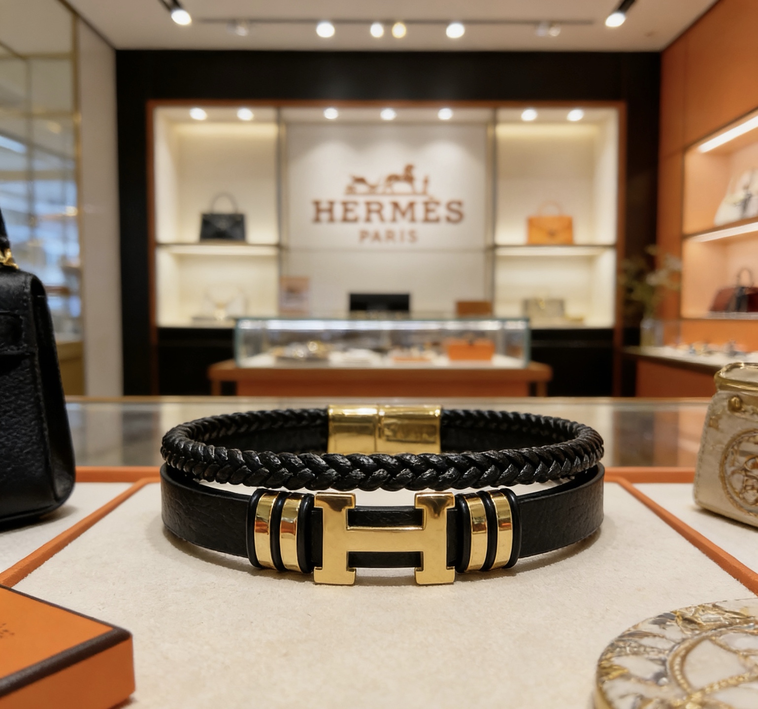 Hermes New Anger Forest bracelet Black braided leather with gold-tone metal hardware 19cm