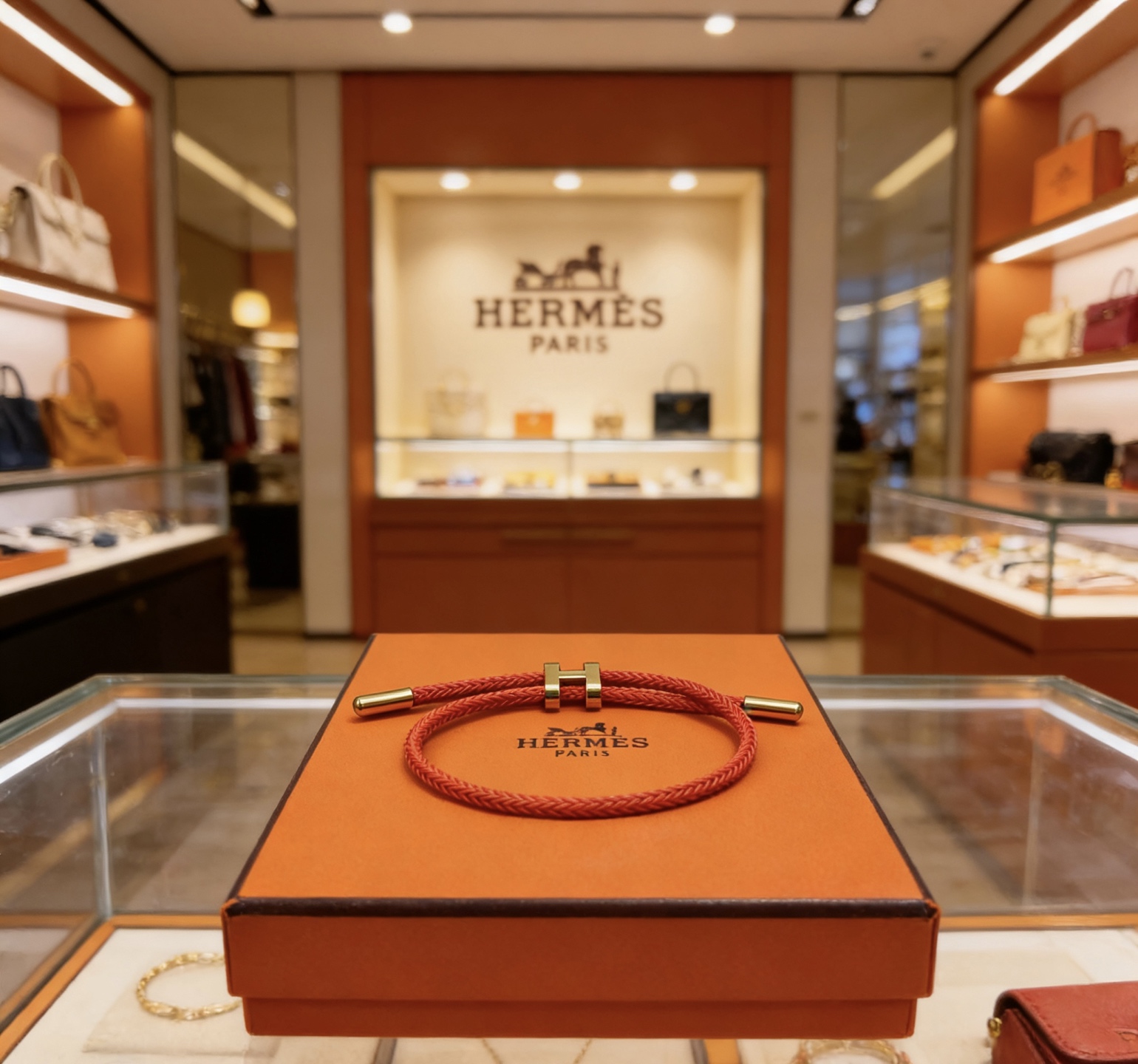 Hermes Tournis Tresse H bracelet Red braided cord gold-tone metal hardware Adjustable sliding cord fits 15-18cm wrist