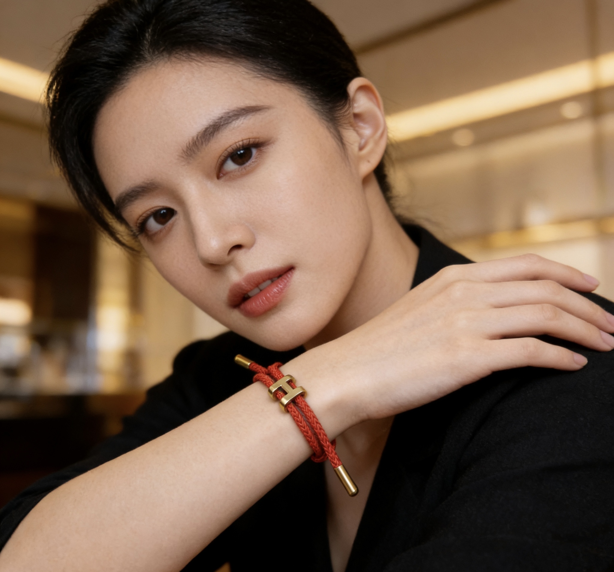 Hermes Tournis Tresse H bracelet Red braided cord gold-tone metal hardware Adjustable sliding cord fits 15-18cm wrist