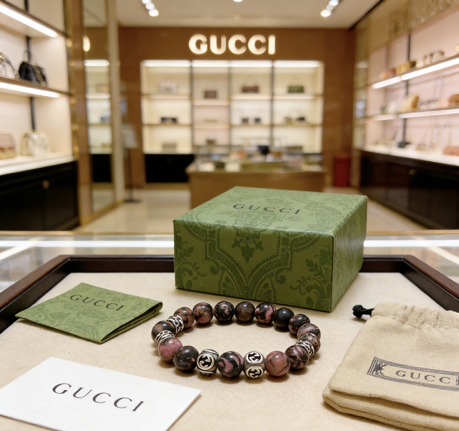 Gucci 𝐆𝐮𝐜𝐜𝐢古驰手链 最新款天然玛瑙石手链档次更高 Anger Forest系列双G天然石水晶手链