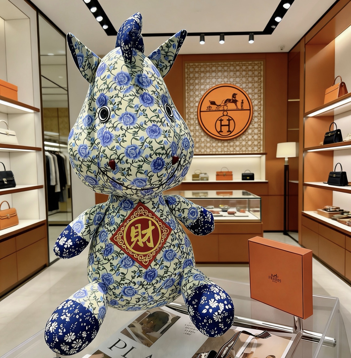 Hermes Hermes Horse Plush Charm pendant Cream fabric with blue floral print red and gold embroidered wealth motif navy blue floral accents 45cm