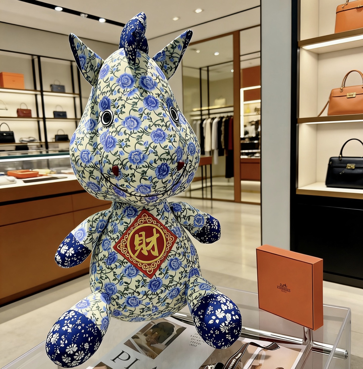 Hermes Hermes Horse Plush Charm pendant Cream fabric with blue floral print red and gold embroidered wealth motif navy blue floral accents 45cm