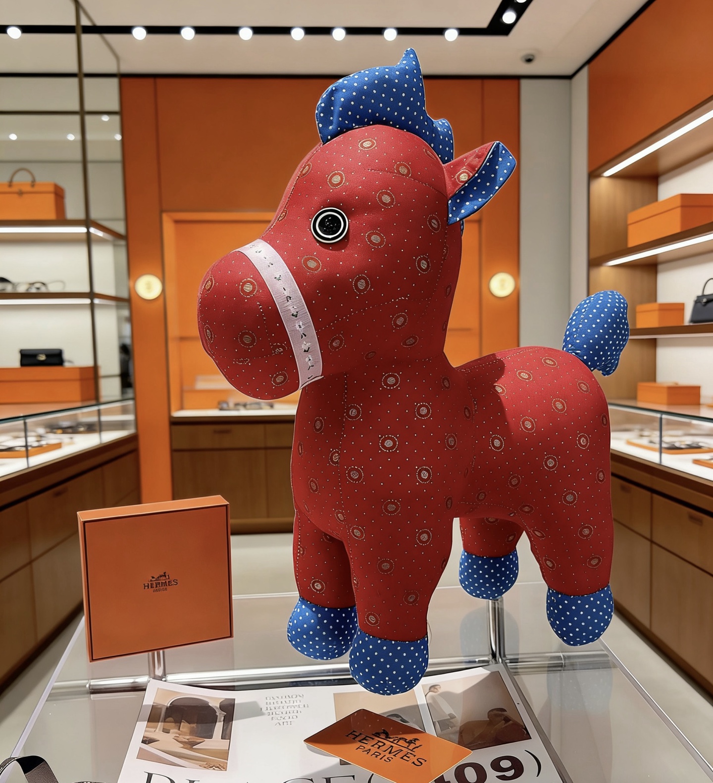 Hermes Hermy Plush Horse brooch Red fabric body with blue polka-dot fabric accents white decorative trim black eye details 35cm