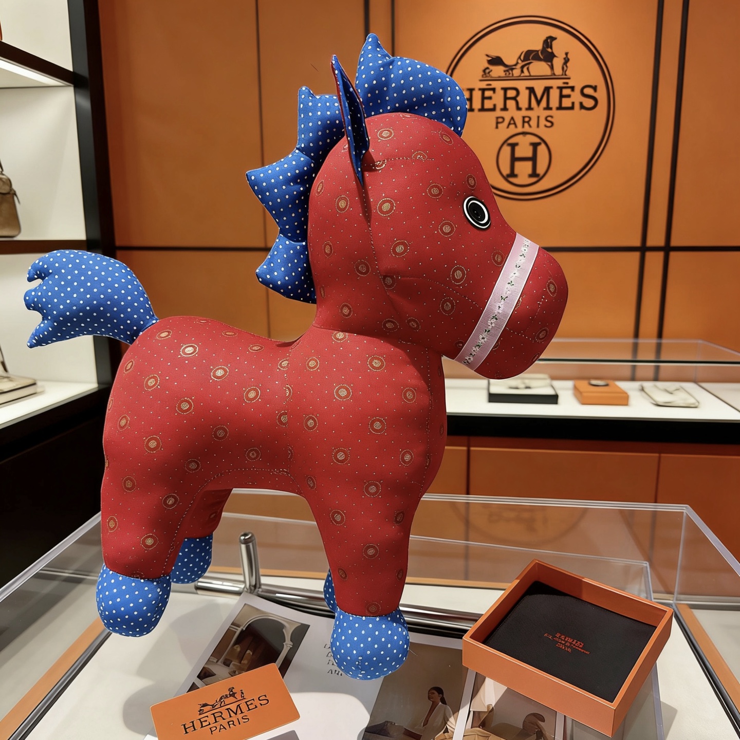 Hermes Hermy Plush Horse brooch Red fabric body with blue polka-dot fabric accents white decorative trim black eye details 35cm