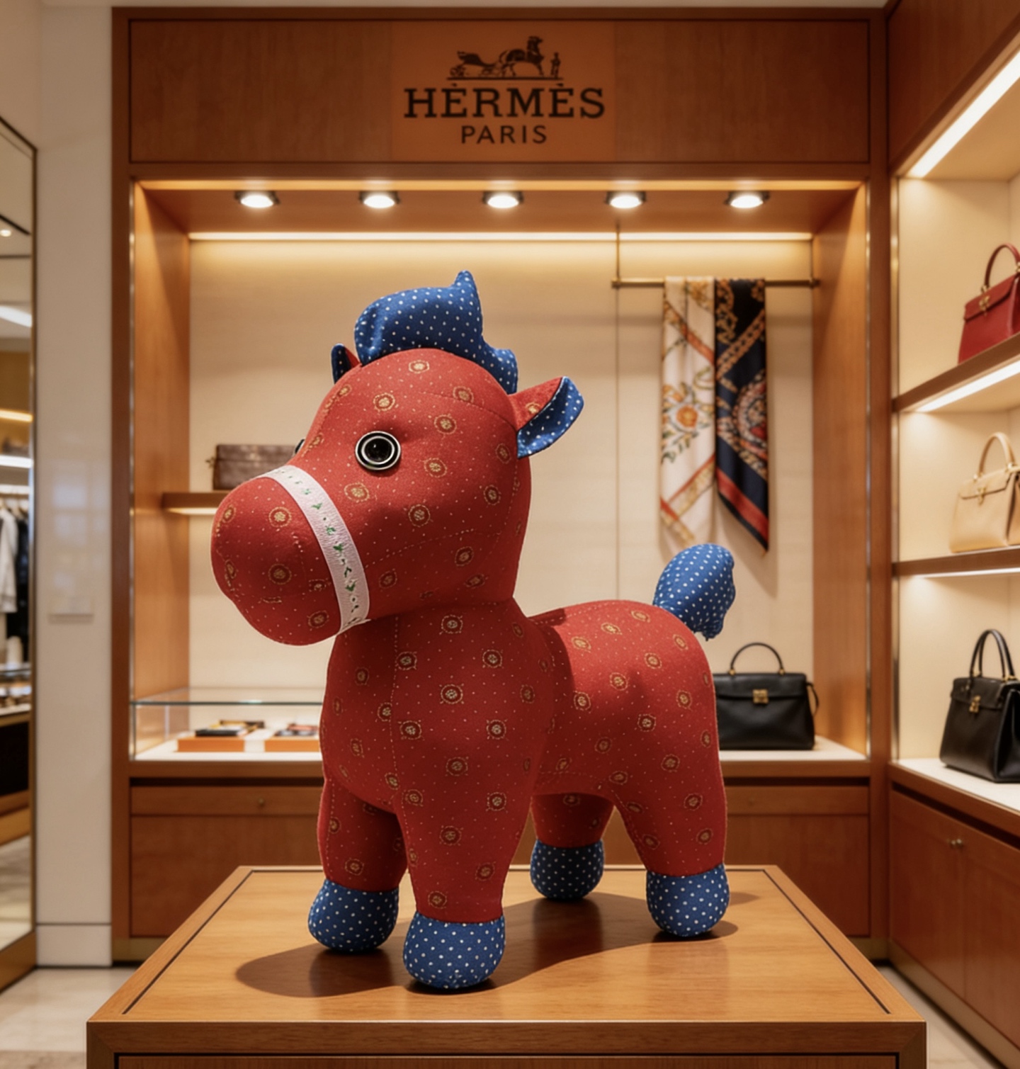 Hermes Hermy Plush Horse brooch Red fabric body with blue polka-dot fabric accents white decorative trim black eye details 35cm