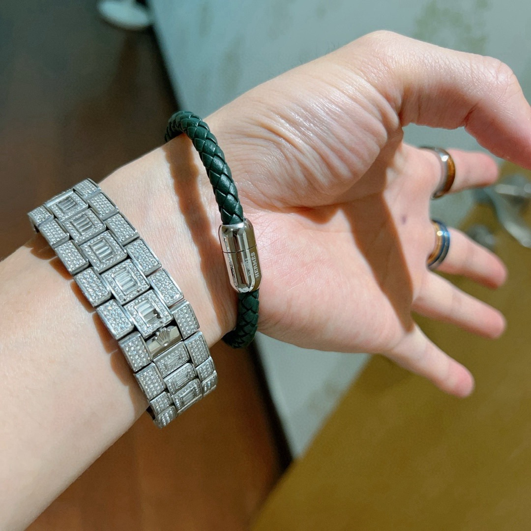 Pulseira Hermes Goliath Couro trançado verde escuro com fecho de metal prateado banhado a paládio T5 19cm