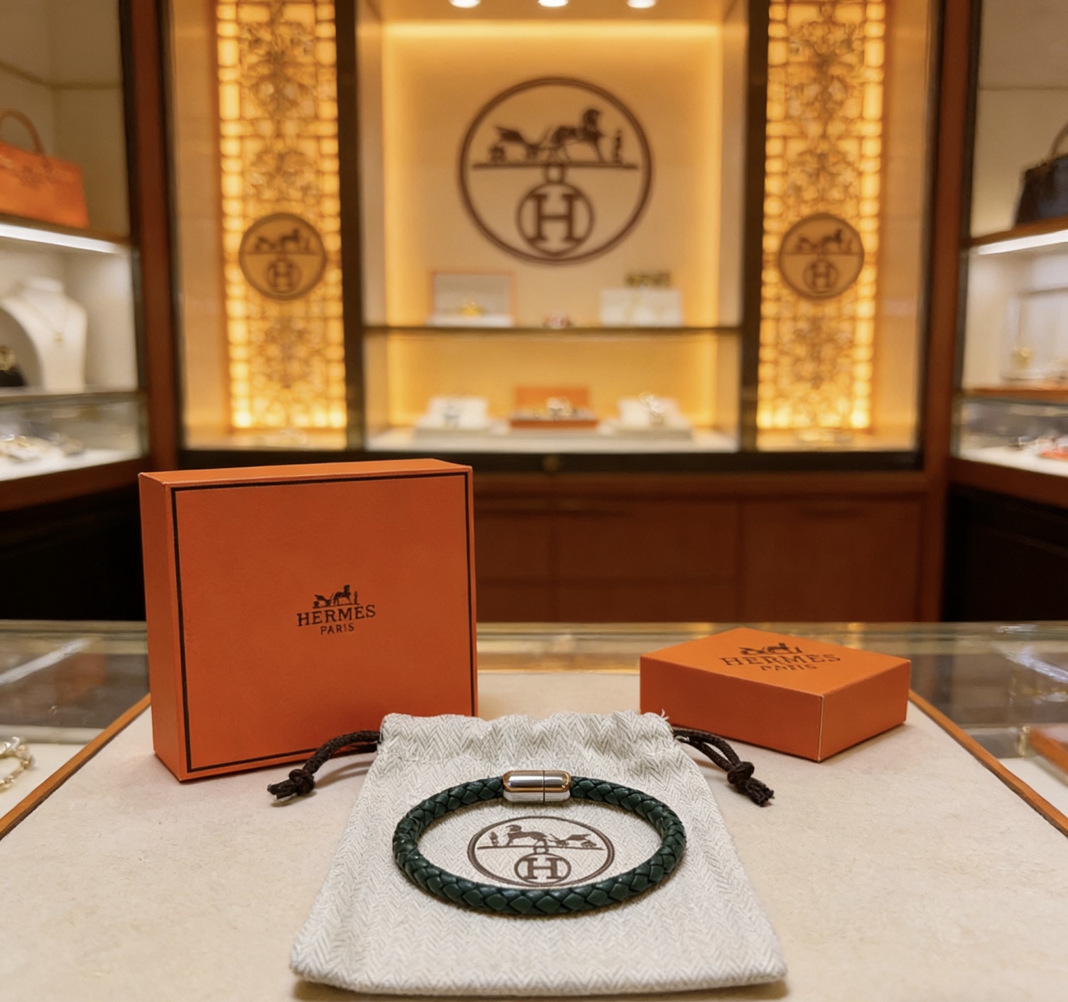 Pulseira Hermes Goliath Couro trançado verde escuro com fecho de metal prateado banhado a paládio T5 19cm