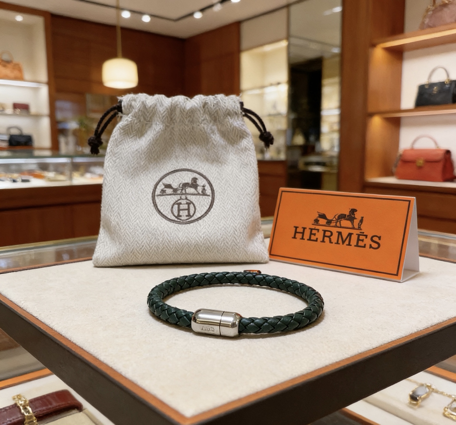 Pulseira Hermes Goliath Couro trançado verde escuro com fecho de metal prateado banhado a paládio T5 19cm
