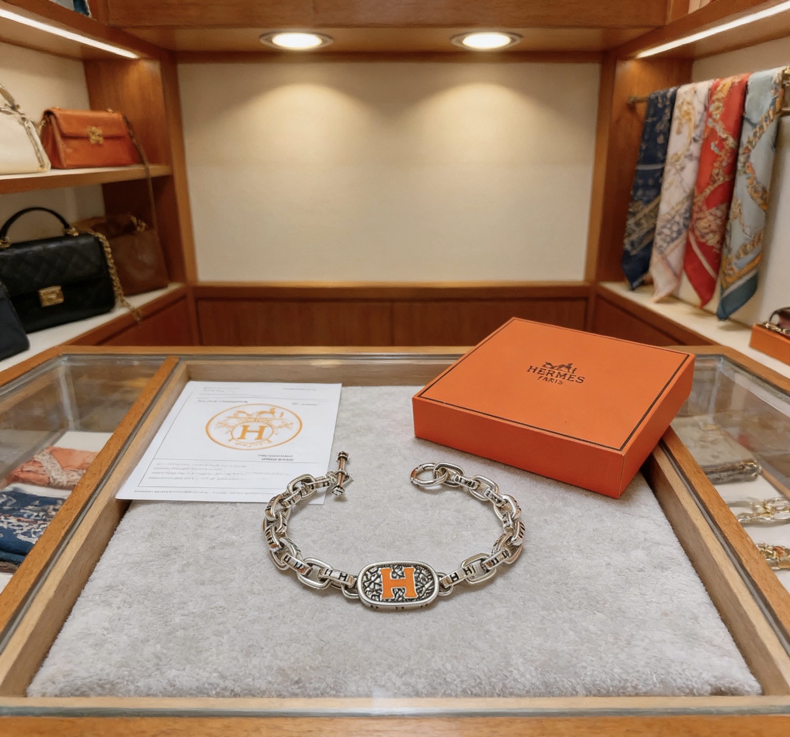 Hermes H Logo Chain Bracelet bracelet Silver-toned metal with orange enamel H detail 19cm