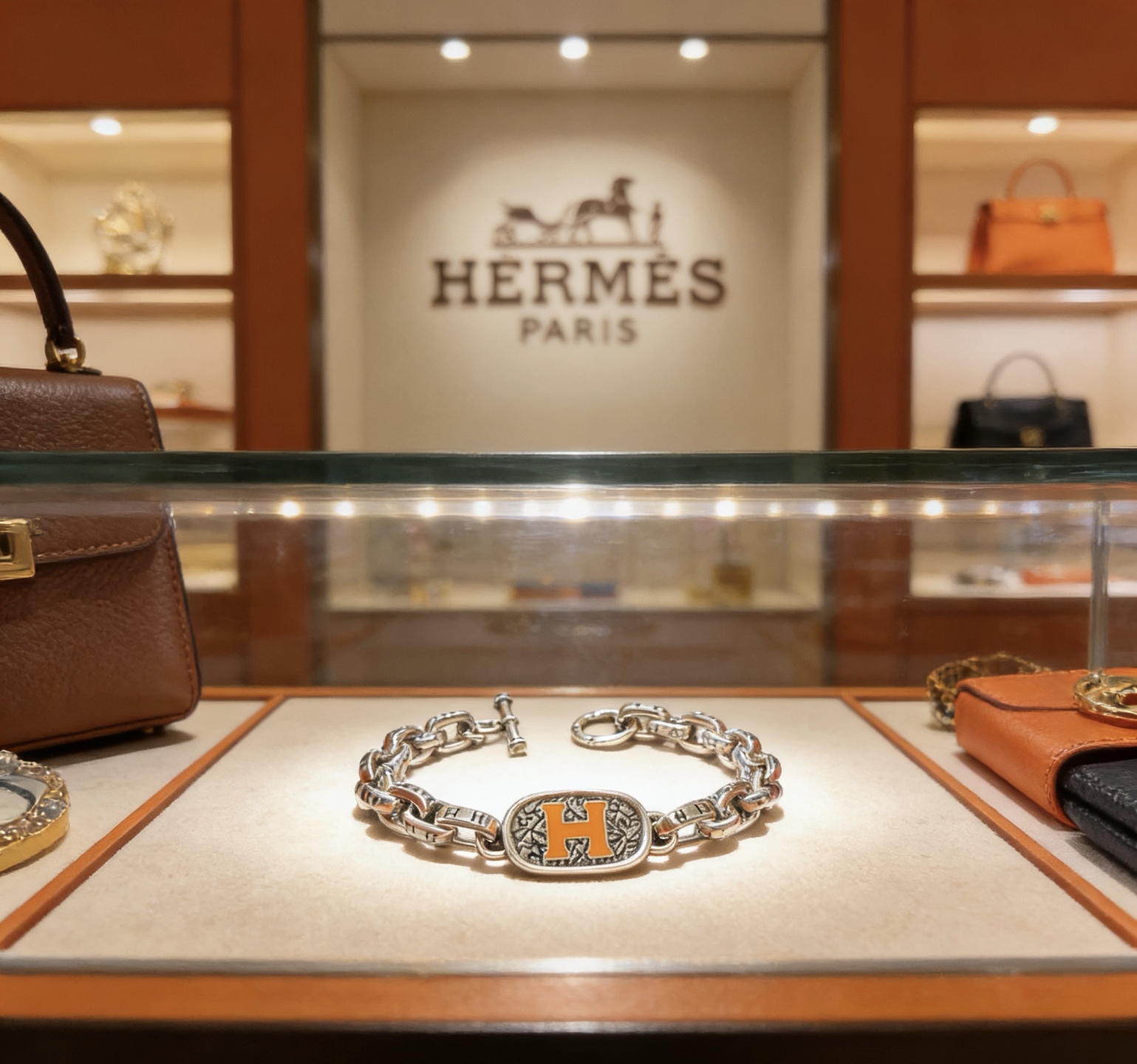 Hermes H Logo Chain Bracelet bracelet Silver-toned metal with orange enamel H detail 19cm