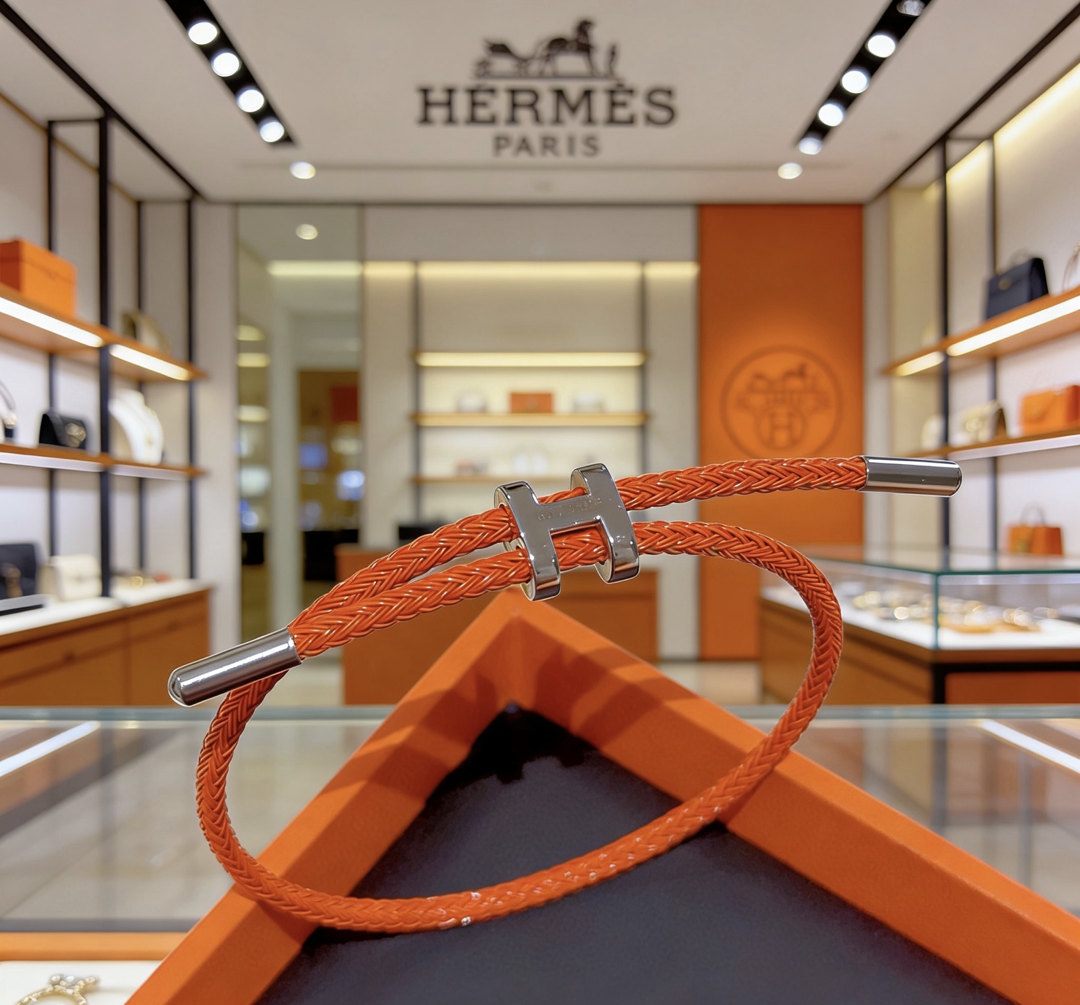 Hermes Tournis Tresse H bracelet Orange braided cord with silver-tone palladium plated H clasp and end caps Adjustable sliding design fits wrist sizes approximately 15cm to 19cm