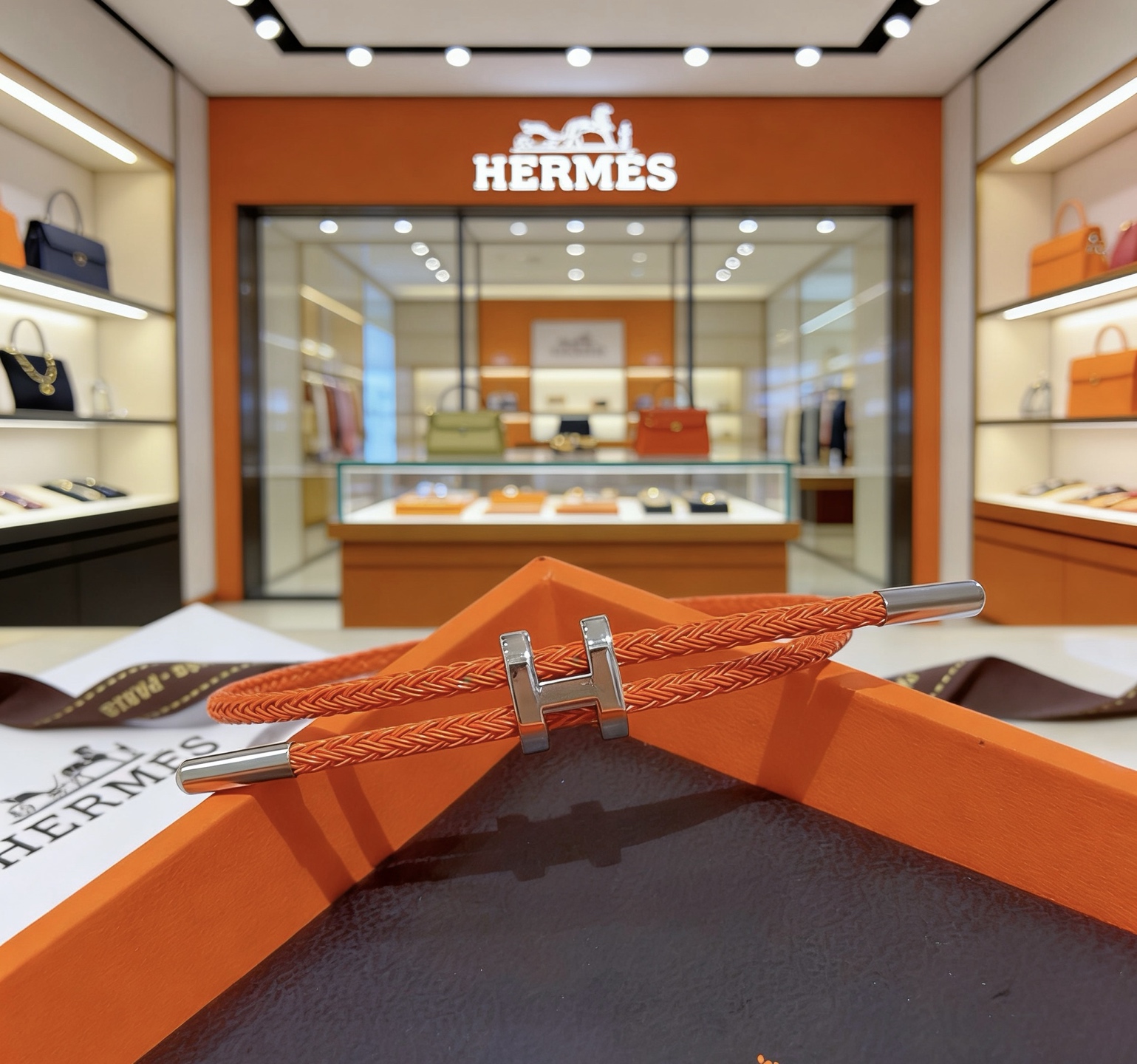 Hermes Tournis Tresse H bracelet Orange braided cord with silver-tone palladium plated H clasp and end caps Adjustable sliding design fits wrist sizes approximately 15cm to 19cm