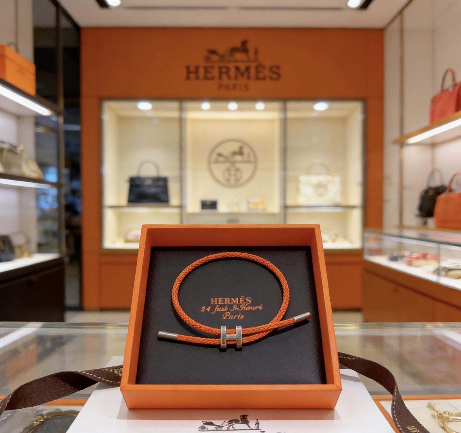 Hermes Tournis Tresse H bracelet Orange braided cord with silver-tone palladium plated H clasp and end caps Adjustable sliding design fits wrist sizes approximately 15cm to 19cm