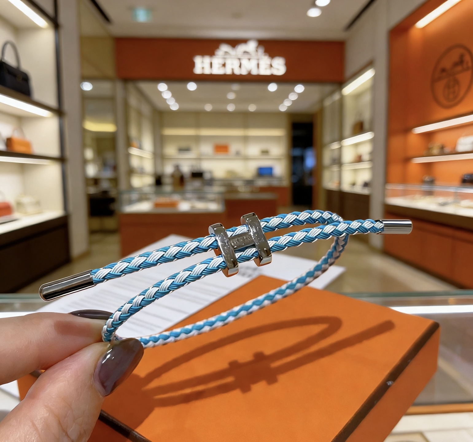 Hermes Tournis Tresse bracelet palladium silver hardware turquoise blue and white braided cord adjustable sliding closure fits 15-18cm wrist