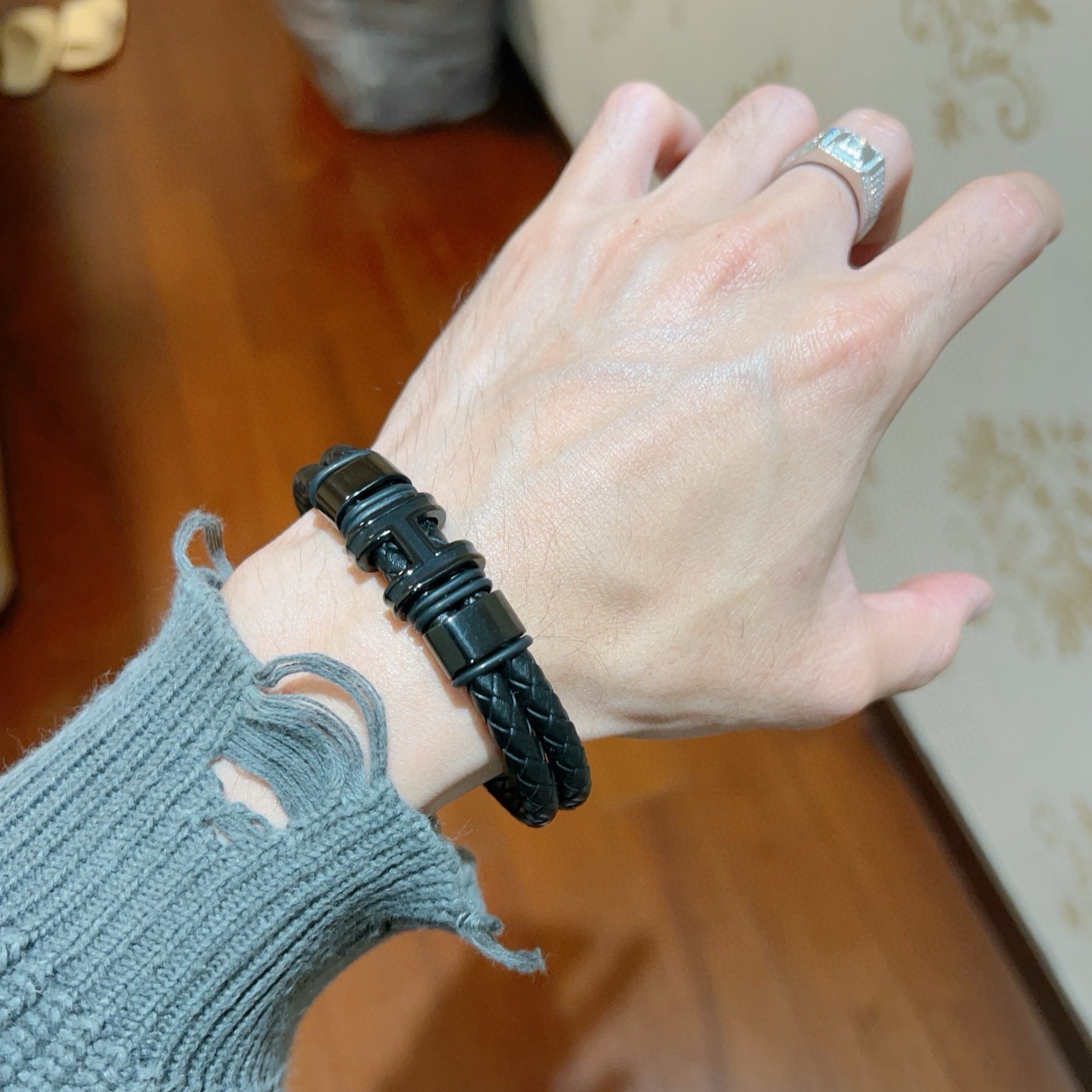 Bracciale Hermes New Anger Forest Pelle intrecciata nera con hardware nero color canna di fucile 19 cm