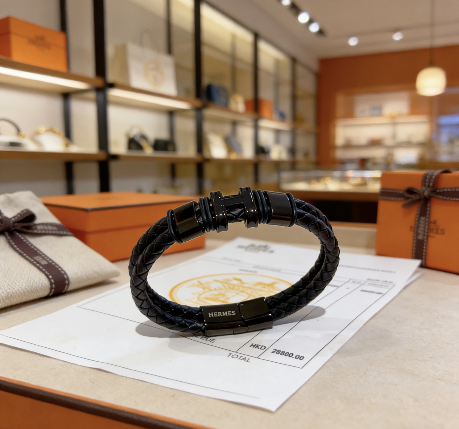Bracciale Hermes New Anger Forest Pelle intrecciata nera con hardware nero color canna di fucile 19 cm