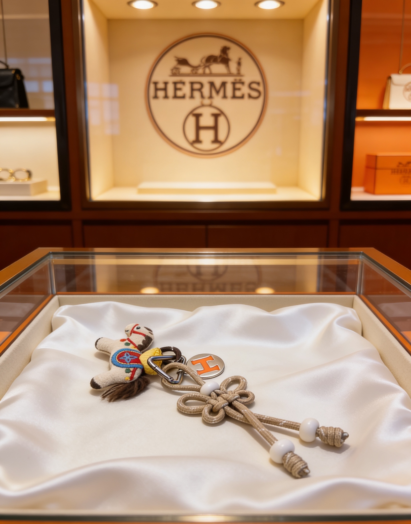 Hermes Rodeo Horse Charm Keychain pendant Silver-tone metal with orange enamel H logo beige braided cord with white resin beads off-white felt horse charm with multicolor embroidered accents and brown mane tail 12cm total length