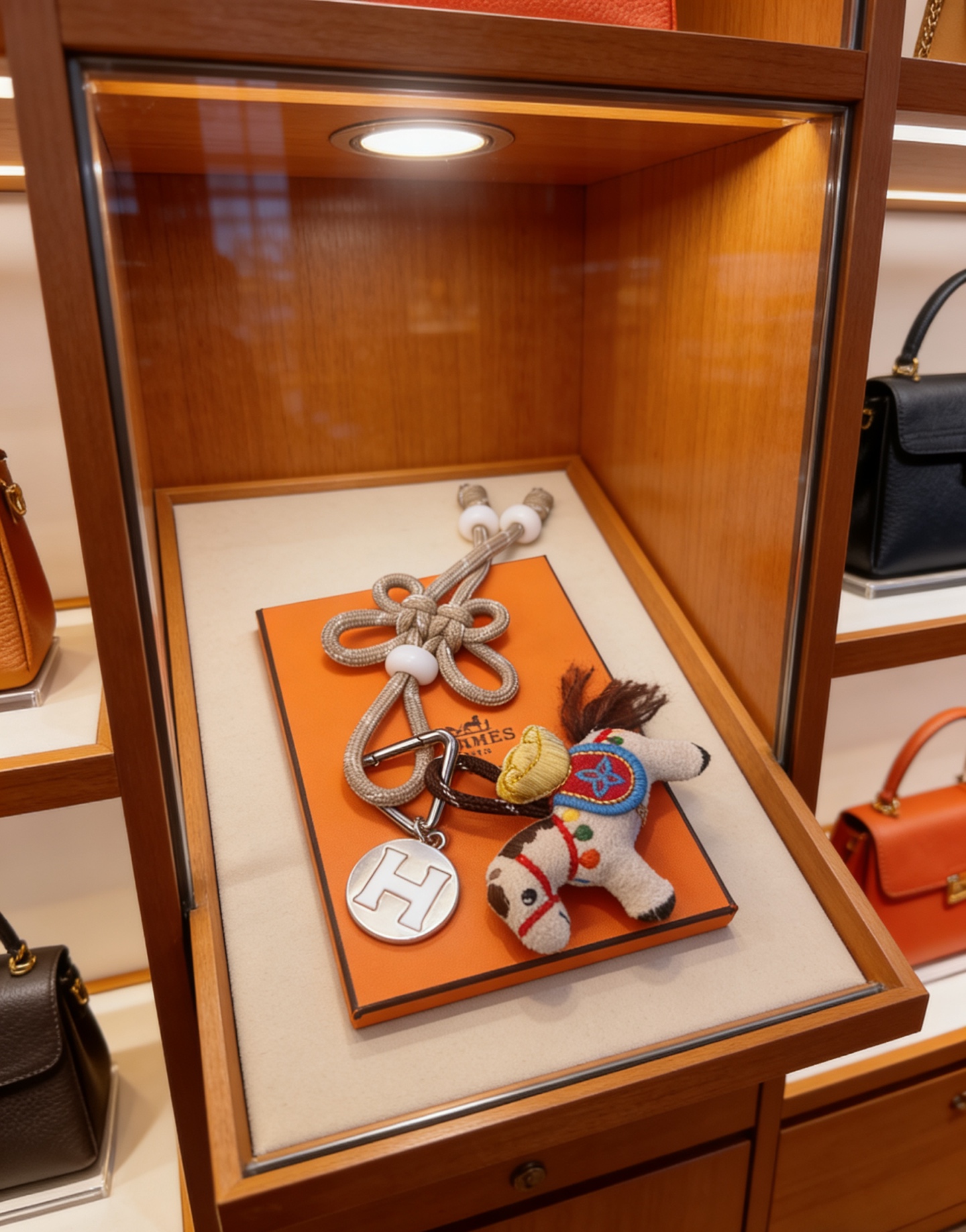 Hermes Rodeo Horse Charm Keychain pendant Silver-tone metal with orange enamel H logo beige braided cord with white resin beads off-white felt horse charm with multicolor embroidered accents and brown mane tail 12cm total length