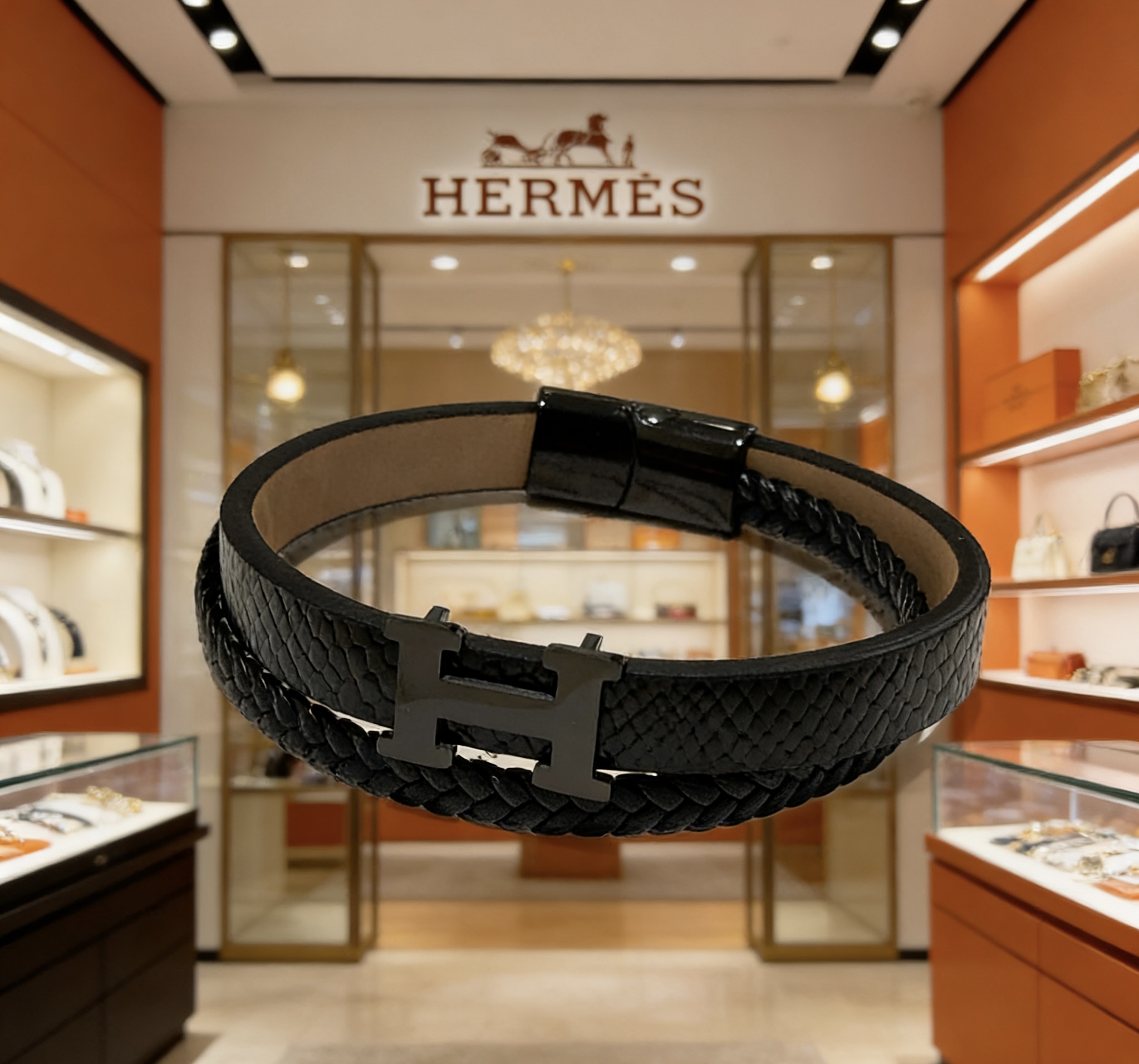 Hermès 新品发售 ‍⬛爱马仕皮绳手环最新款纯手工皮材质档次更高 Anger Forest系列爱马仕手链 款系列18k金手链手绳 黑武士
