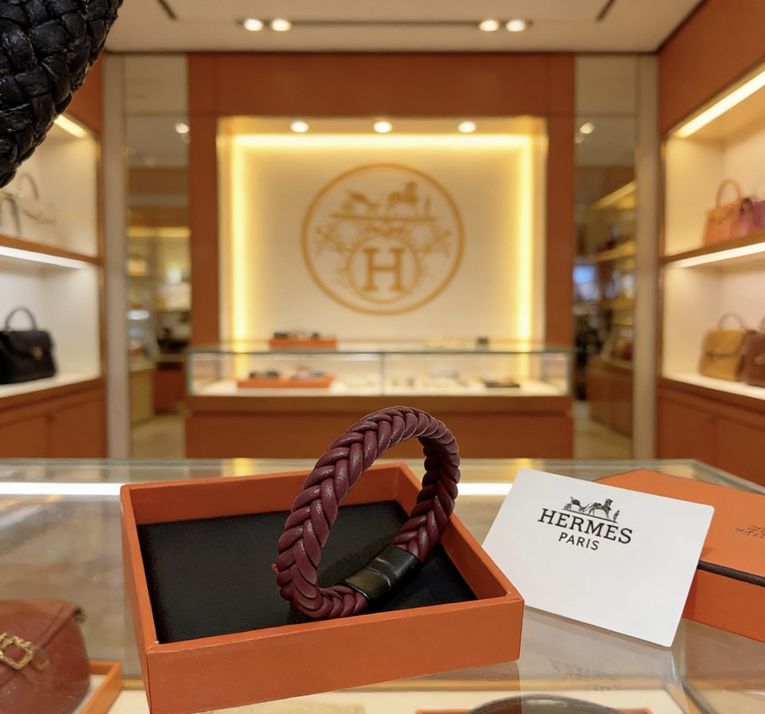 Hermes Goliath Braided Leather Bracelet bracelet Burgundy braided leather with black matte metal clasp 19cm