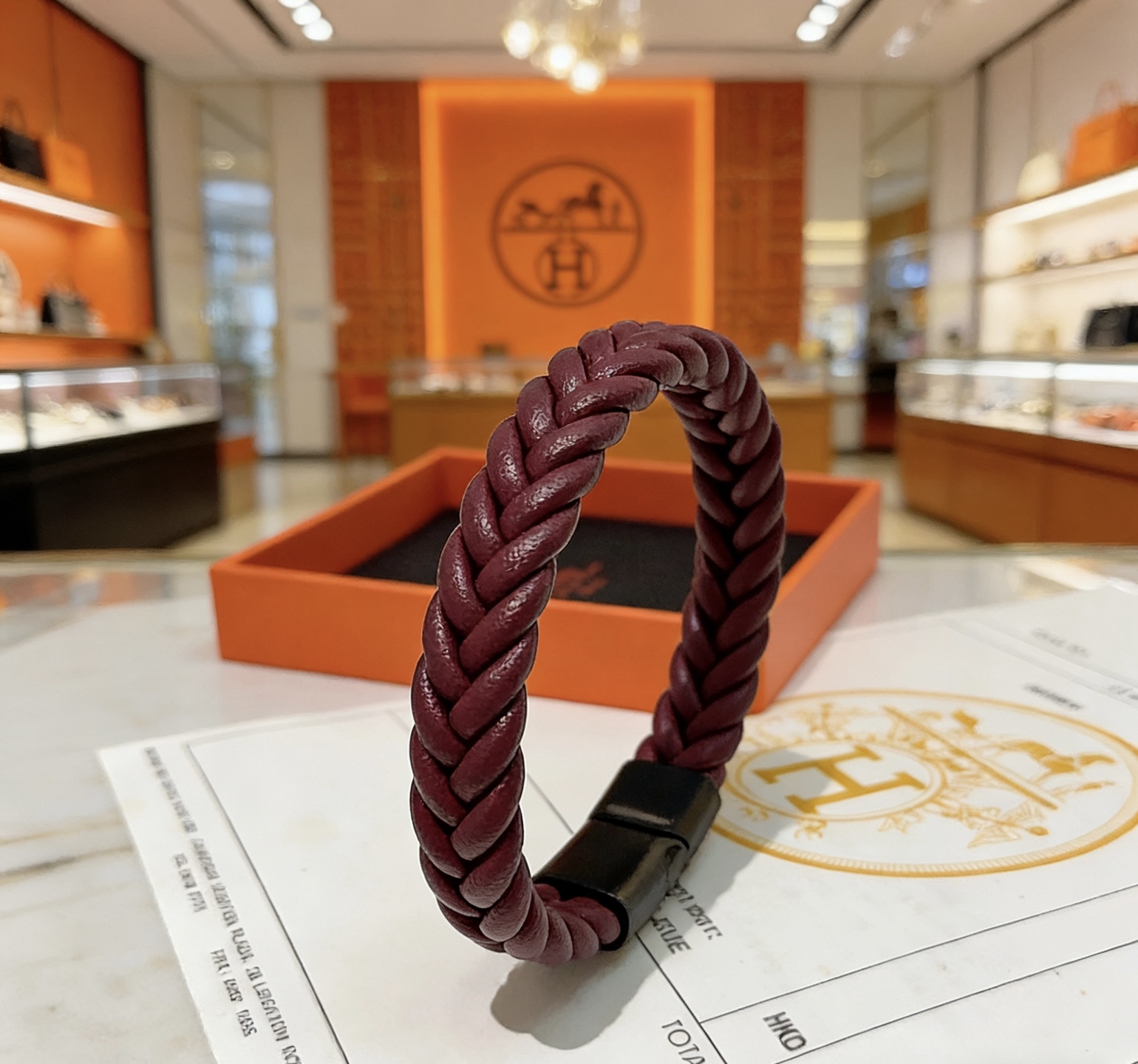 Hermes Goliath Braided Leather Bracelet bracelet Burgundy braided leather with black matte metal clasp 19cm