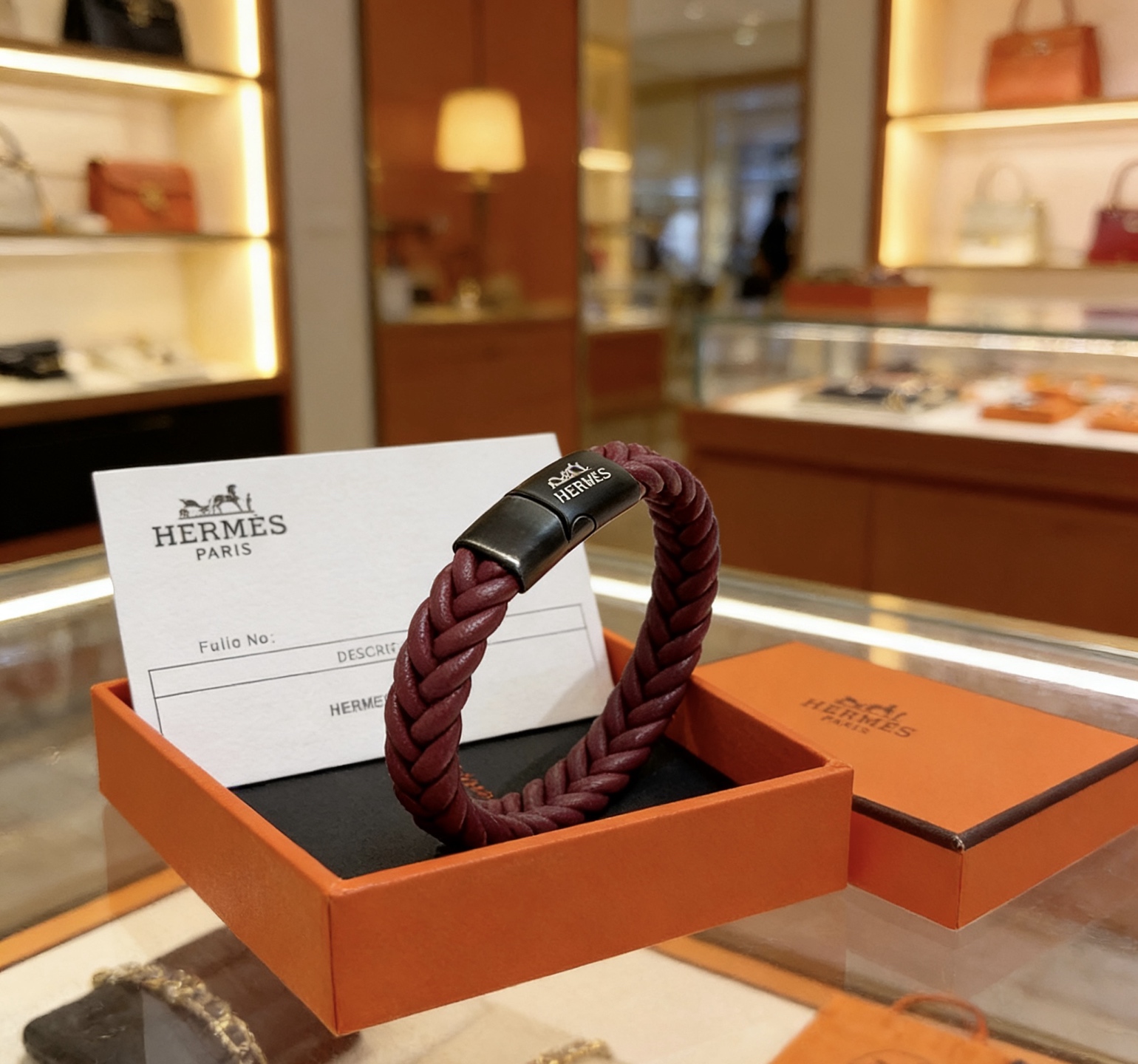 Hermes Goliath Braided Leather Bracelet bracelet Burgundy braided leather with black matte metal clasp 19cm