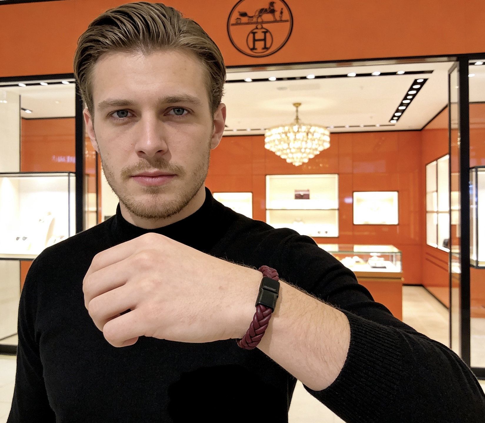 Hermes Goliath Braided Leather Bracelet bracelet Burgundy braided leather with black matte metal clasp 19cm