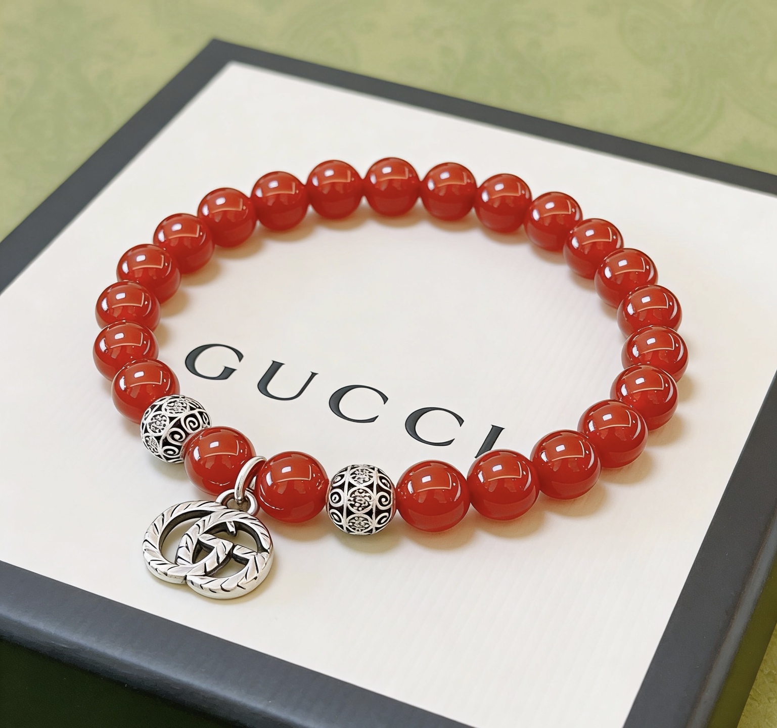 Gucci 𝐆𝐮𝐜𝐜𝐢古驰手链 最新款天然石红玛瑙手链档次更高 Anger Forest系列双g手链