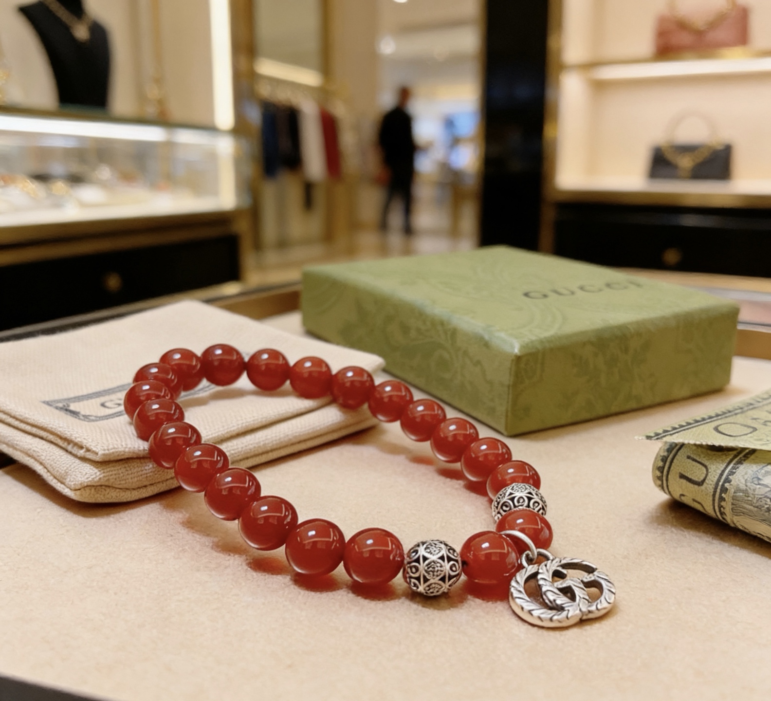 Gucci 𝐆𝐮𝐜𝐜𝐢古驰手链 最新款天然石红玛瑙手链档次更高 Anger Forest系列双g手链