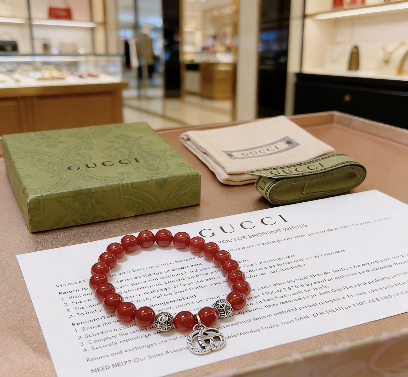 Gucci 𝐆𝐮𝐜𝐜𝐢古驰手链 最新款天然石红玛瑙手链档次更高 Anger Forest系列双g手链