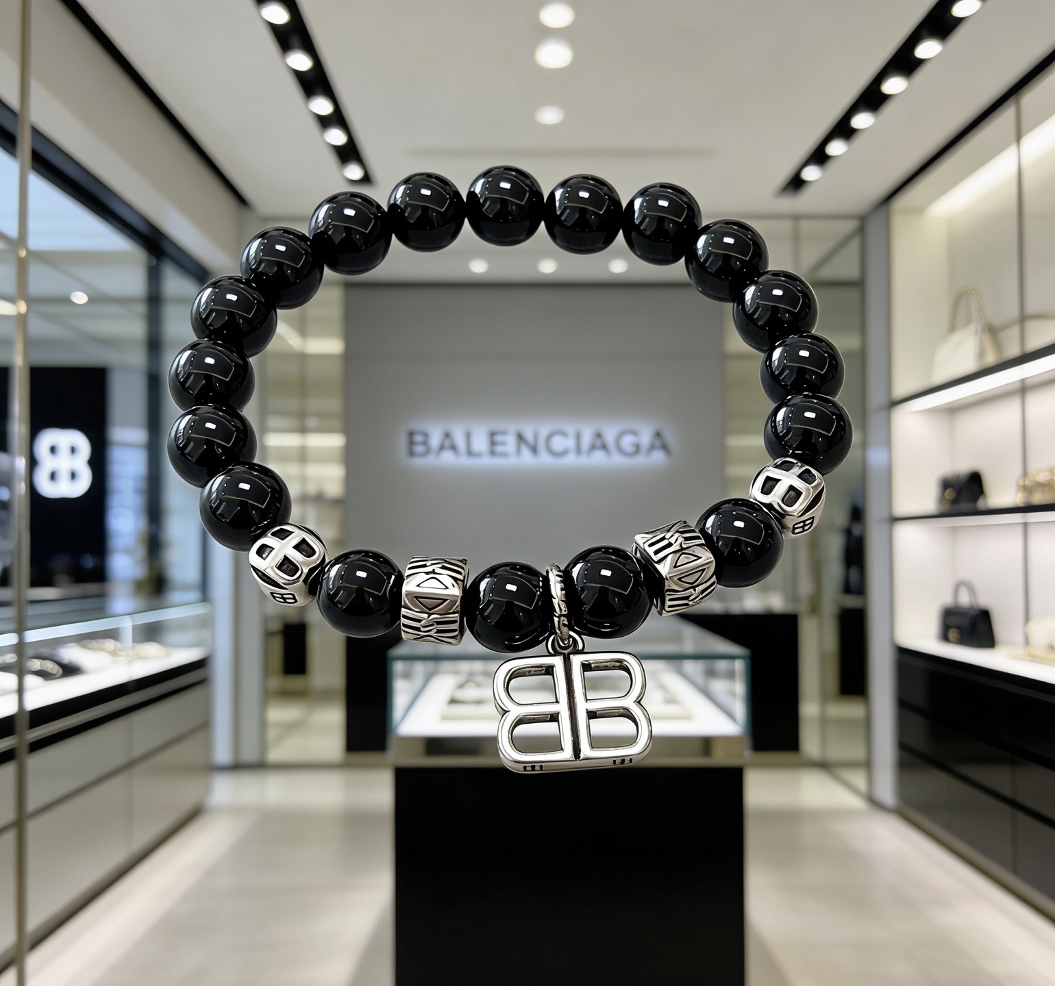Balenciaga 精工版本天然石黑玛瑙巴黎世家手链