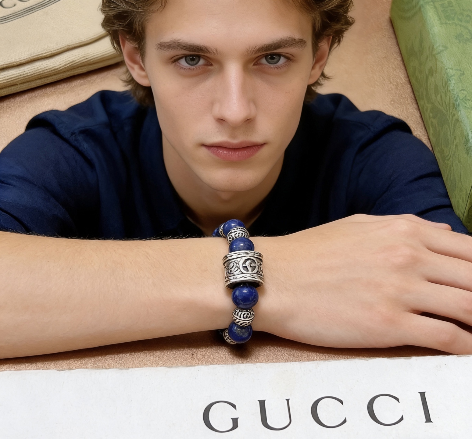 Gucci 𝐆𝐮𝐜𝐜𝐢古驰手链 最新款天然青金石手链档次更高 Anger Forest系列双G天然青金石水晶手链