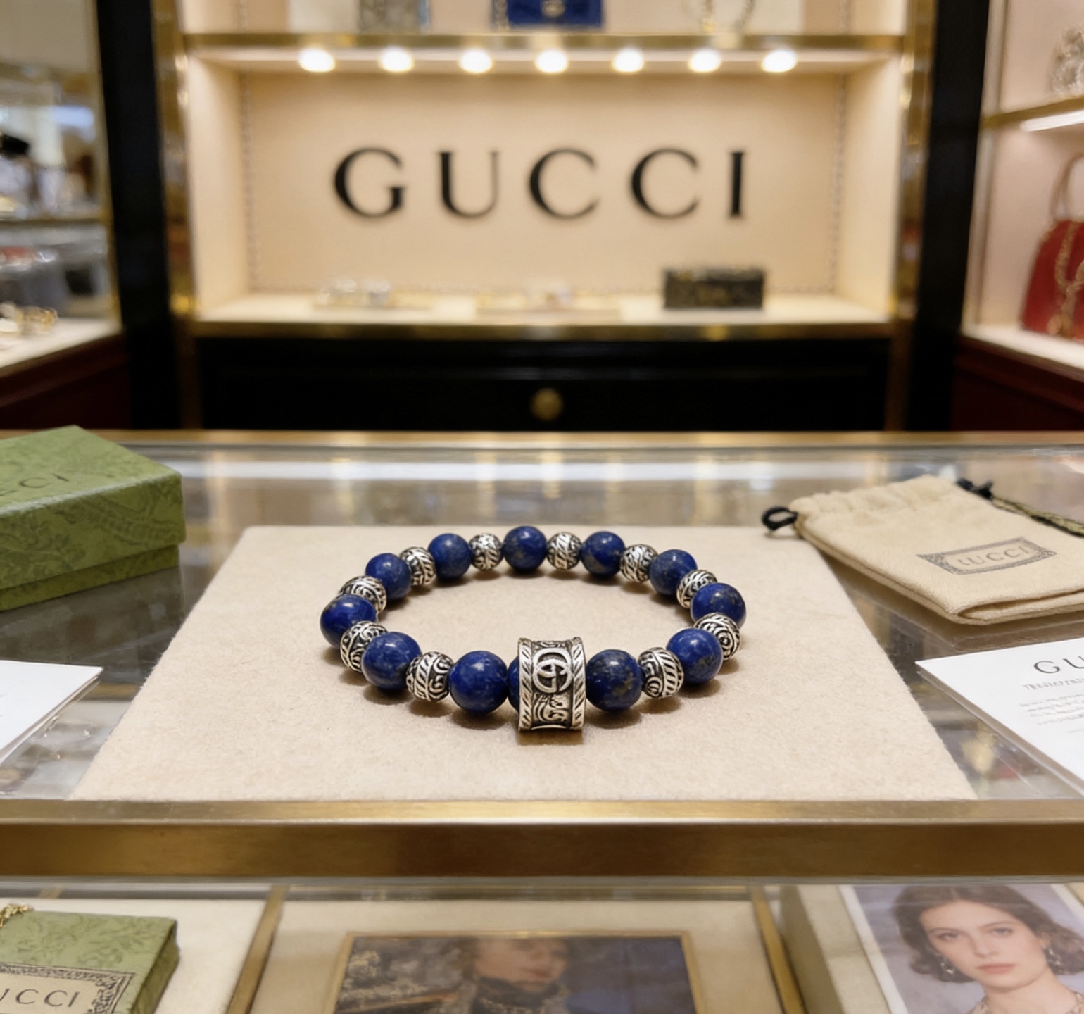 Gucci 𝐆𝐮𝐜𝐜𝐢古驰手链 最新款天然青金石手链档次更高 Anger Forest系列双G天然青金石水晶手链