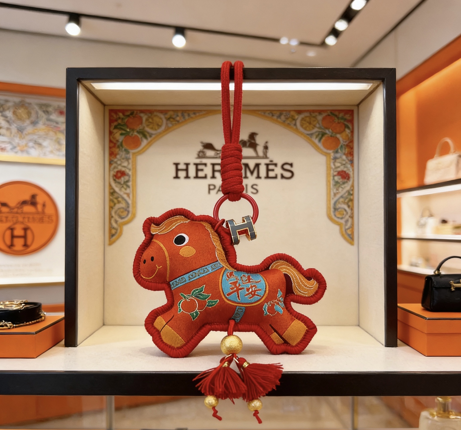 Hermes Chinese New Year Horse Charm pendant Red fabric with gold embroidery gold metal hardware red cord and tassels blue embroidered accents 12cm total length with strap