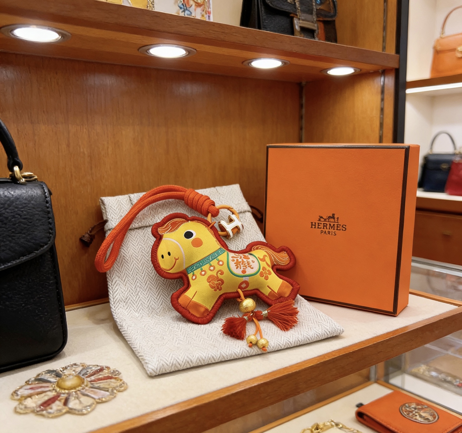 Hermes Rodeo Horse Charm pendant Yellow fabric with orange trim orange cord gold-tone metal hardware white enamel H detail red tassels 12cm