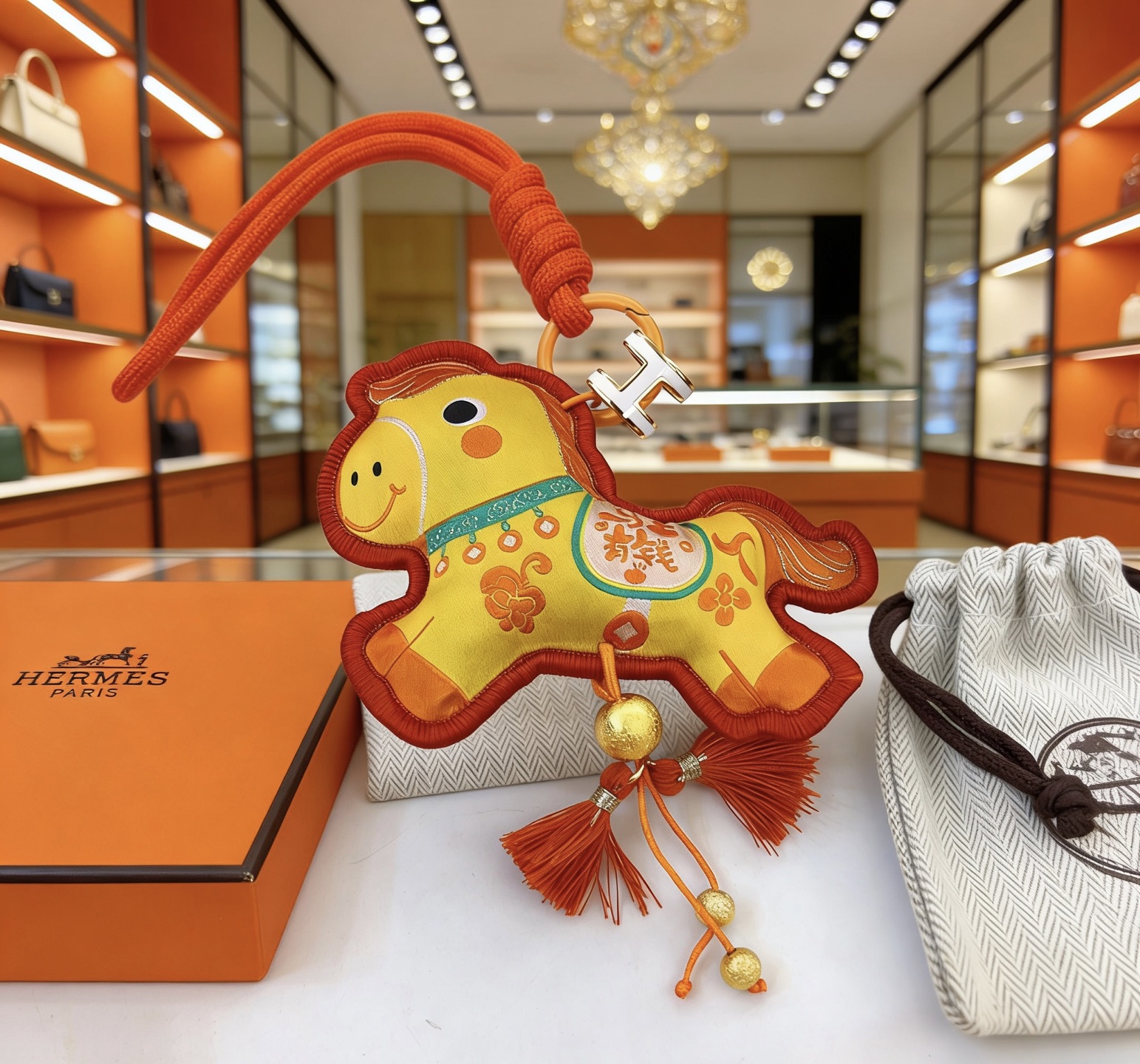 Hermes Rodeo Horse Charm pendant Yellow fabric with orange trim orange cord gold-tone metal hardware white enamel H detail red tassels 12cm