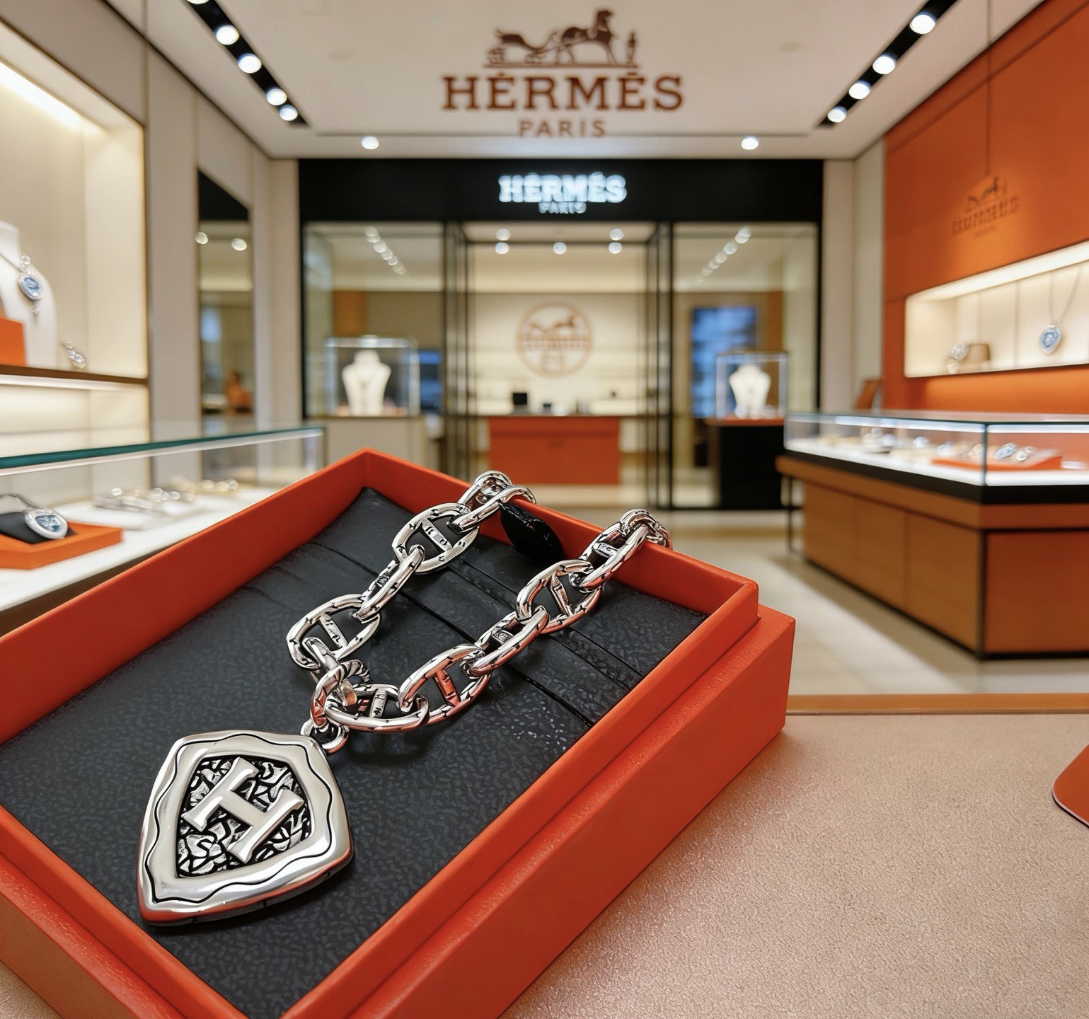 Collier pendentif Hermes Chaine d Ancre Shield H vintage en métal argenté avec détails vieillis sans pierres précieuses 50 cm