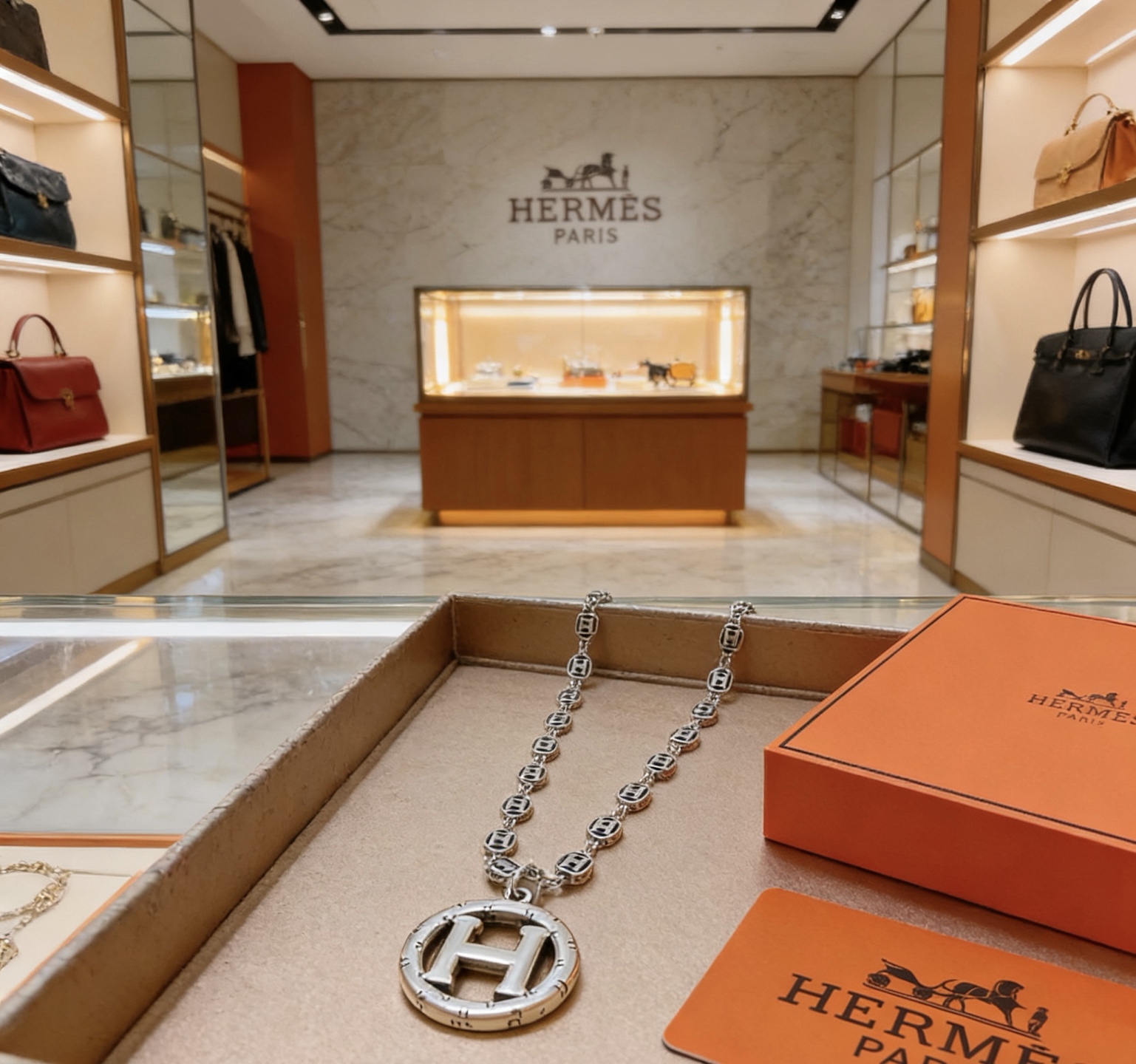 Hermes H Equipe necklace silver toned metal 50cm