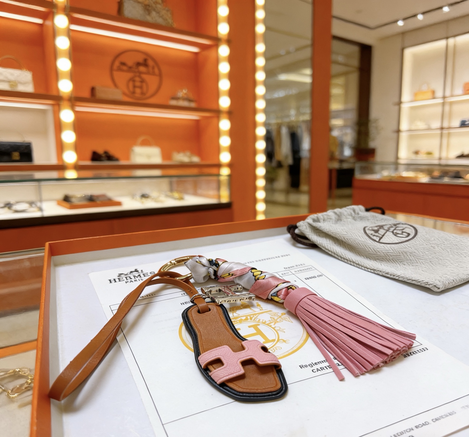 Hermes Oran Sandal Tassel Key Charm pingente de metal dourado couro granulado rosa couro liso bronzeado acabamento de borda preta sarja de seda multicolor 12 cm de comprimento total da pulseira