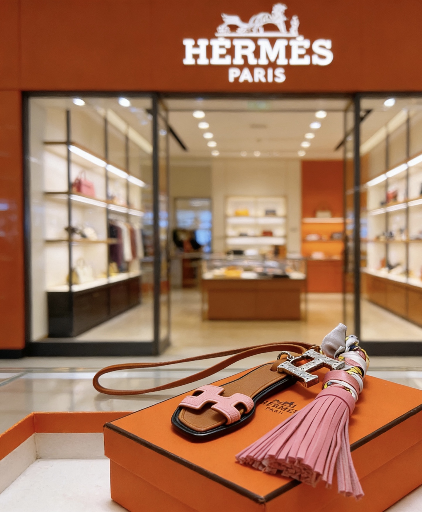 Hermes Oran Sandal Tassel Key Charm pingente de metal dourado couro granulado rosa couro liso bronzeado acabamento de borda preta sarja de seda multicolor 12 cm de comprimento total da pulseira