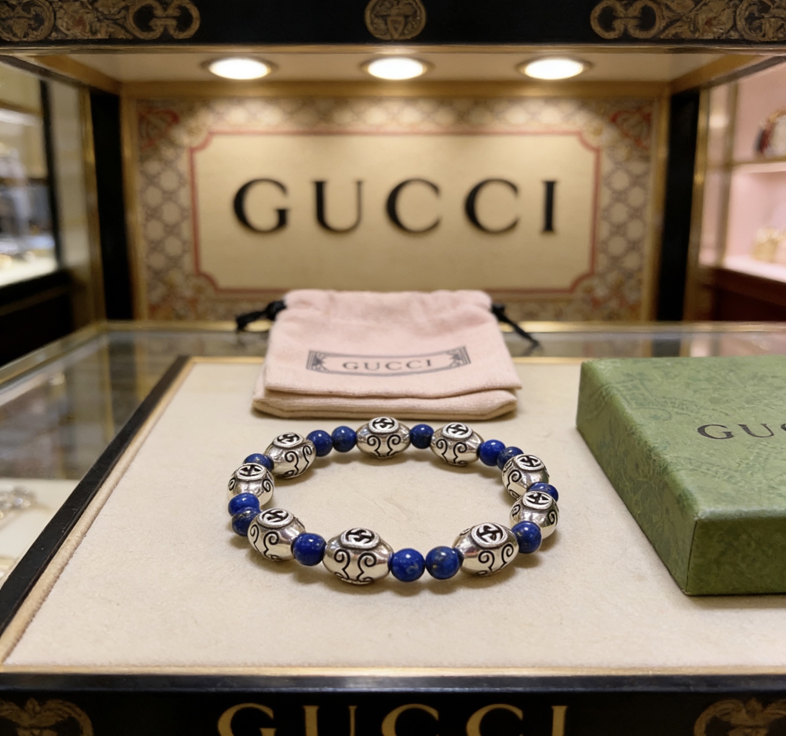 Gucci 𝐆𝐮𝐜𝐜𝐢古驰手链 最新款天然青金石手链档次更高 Anger Forest系列双G天然青金石水晶手链