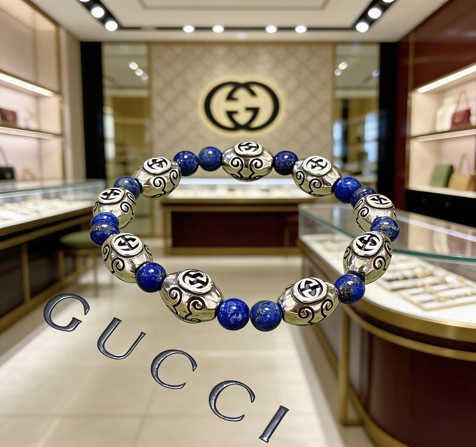 Gucci 𝐆𝐮𝐜𝐜𝐢古驰手链 最新款天然青金石手链档次更高 Anger Forest系列双G天然青金石水晶手链