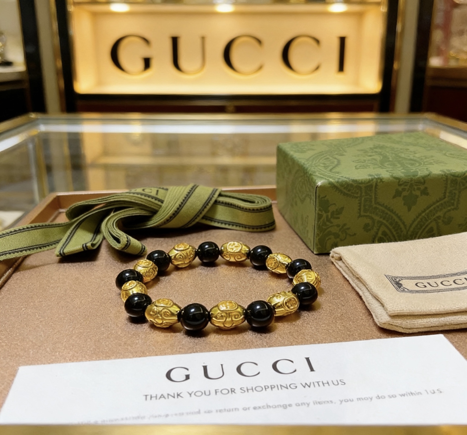 Gucci 新品发布 𝐆𝐮𝐜𝐜𝐢古驰手链 奢华古驰手串 金店 黑玛瑙手链水晶 最新款全件串珠手链档次更高 Anger Forest系列双g 古驰手链