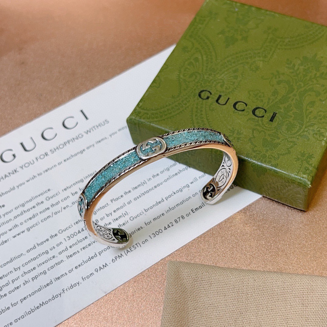 Gucci 𝐆𝐮𝐜𝐜𝐢古驰手镯手环湖蓝色 湖蓝色大理石独特魅力十足最新款手镯档次更高 Anger Forest系列双G 款系列 银大理石高品质古驰手环