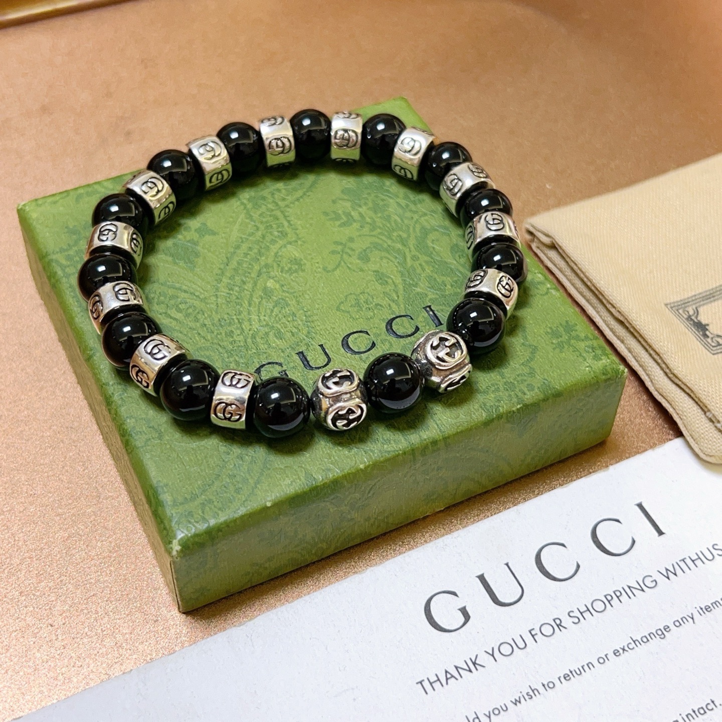 Gucci 𝐆𝐮𝐜𝐜𝐢古驰手链 奢华手串 最新款全件黑玛瑙串珠手链档次更高 Anger Forest系列双g 古驰手链