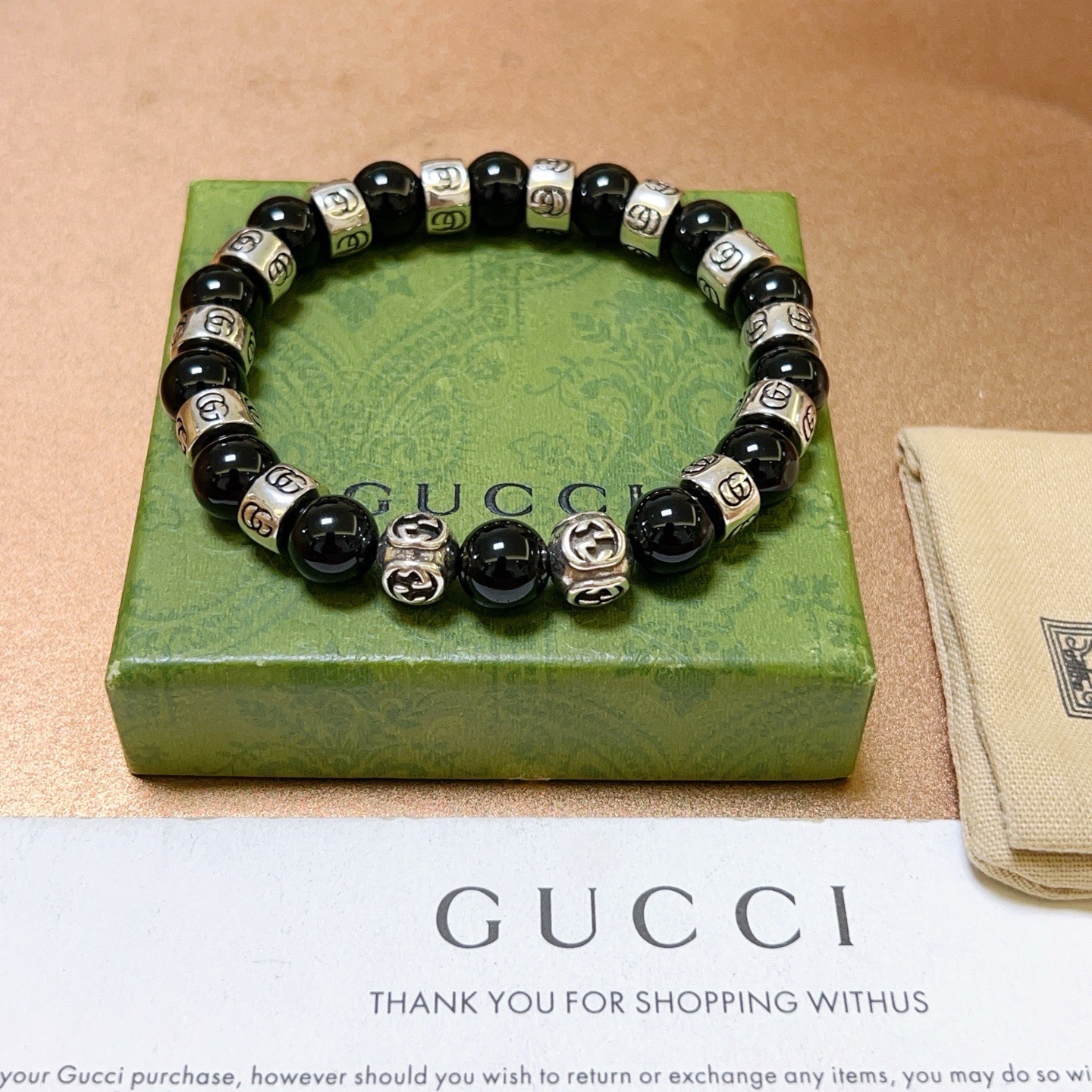Gucci 𝐆𝐮𝐜𝐜𝐢古驰手链 奢华手串 最新款全件黑玛瑙串珠手链档次更高 Anger Forest系列双g 古驰手链